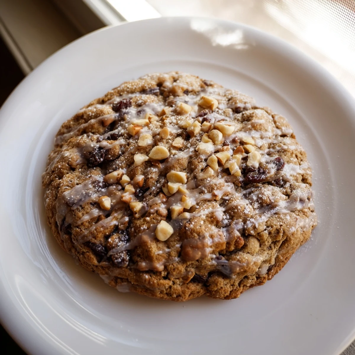 A close-up view of Winter Warmth Hazelnut Drizzle Oatmeal Raisin cookies drizzled with glossy hazelnut spread glaze on a cooling rack.