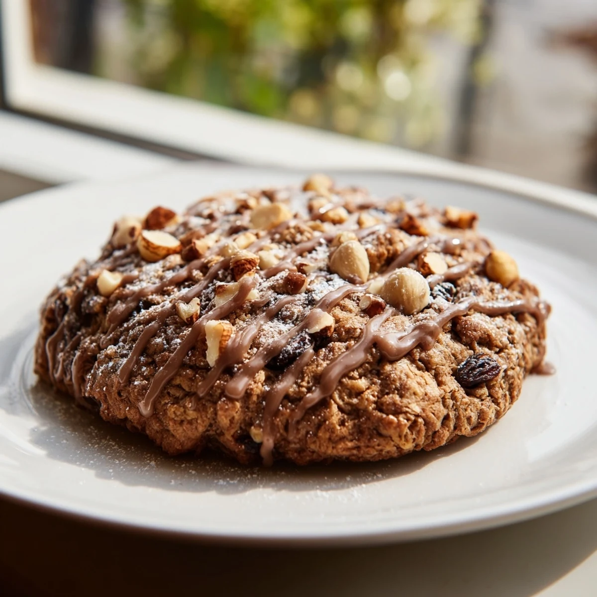 Two warm Winter Warmth Hazelnut Drizzle Oatmeal Raisin cookies sit beside a steaming mug of spiced tea on a cozy kitchen counter.