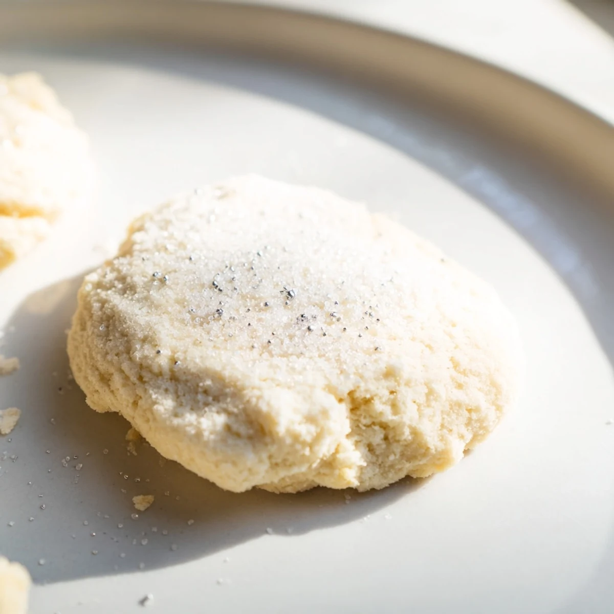 Festive New Year Celebration Vanilla Cloud Keto Cookies dusted with powdered sweetener and edible sprinkles on a parchment-lined baking sheet.