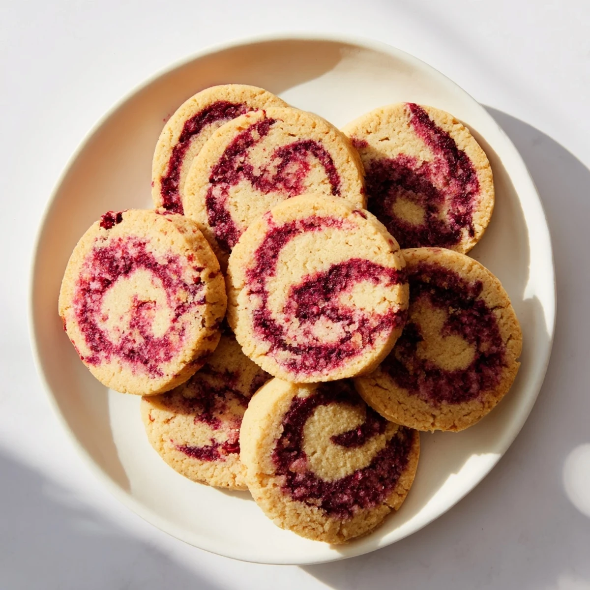 Close-up of Snowy Day Cranberry Swirl Keto Cookies showing flaky edges and a beautiful tart cranberry filling.