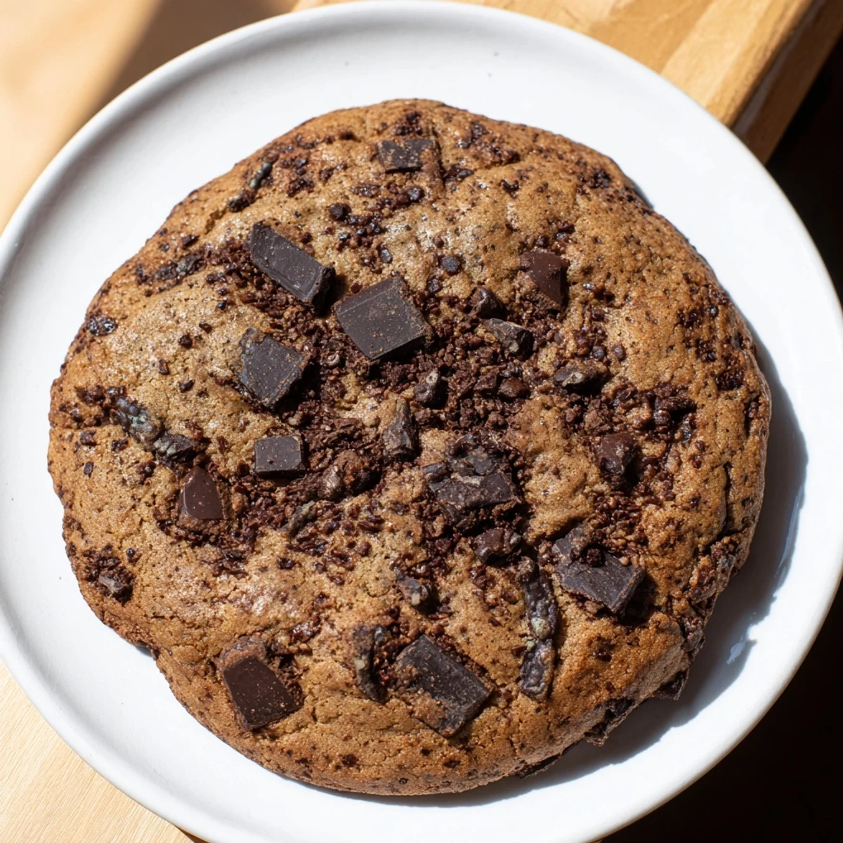 Rich Cozy Evening Mocha Whisper Chocolate Chip cookies are arranged on a rustic wooden board with milk for dipping.