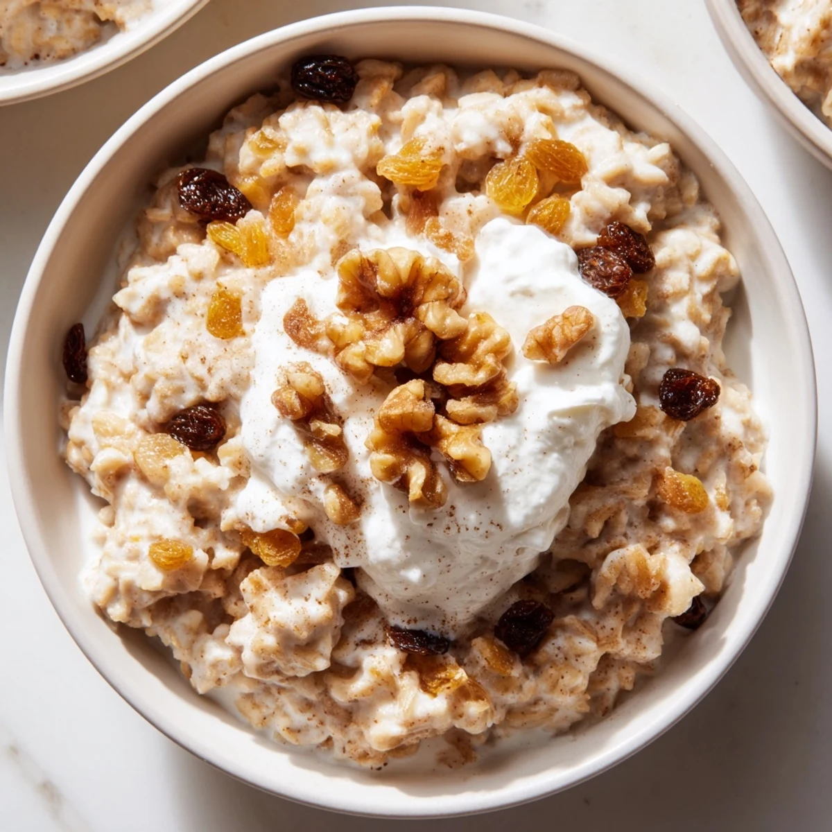 Enjoy the fluffy texture of Winter Spice Vanilla Cloud Oatmeal Raisin with raisins and warm spices in a rustic setting.