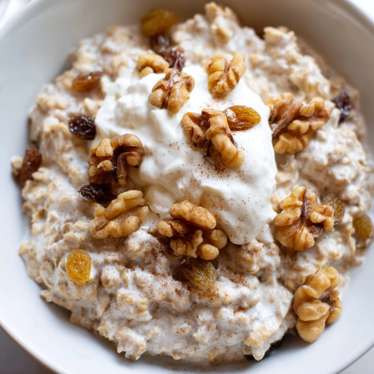 Perfect for chilly mornings, this Winter Spice Vanilla Cloud Oatmeal Raisin is served with a dollop of whipped cream.