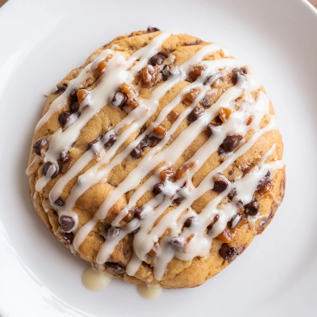 Gooey caramel bits and chocolate chips on a Snowy Day Caramel Frost Chocolate Chip cookie, drizzled with vanilla glaze.