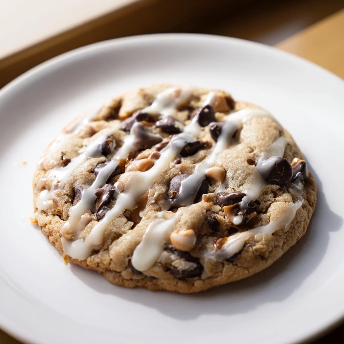 A stack of warm Snowy Day Caramel Frost Chocolate Chip cookies ready for serving with hot cocoa on a chilly day.