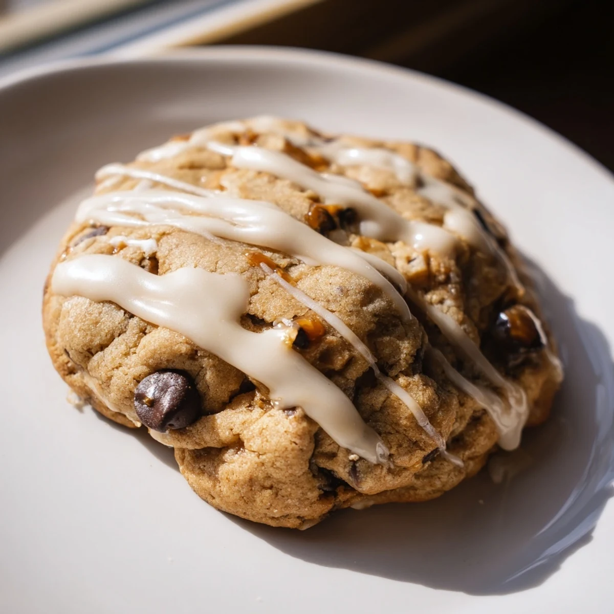 Close up view of a Snowy Day Caramel Frost Chocolate Chip cookie showcasing golden edges and a sweet frosting drizzle.