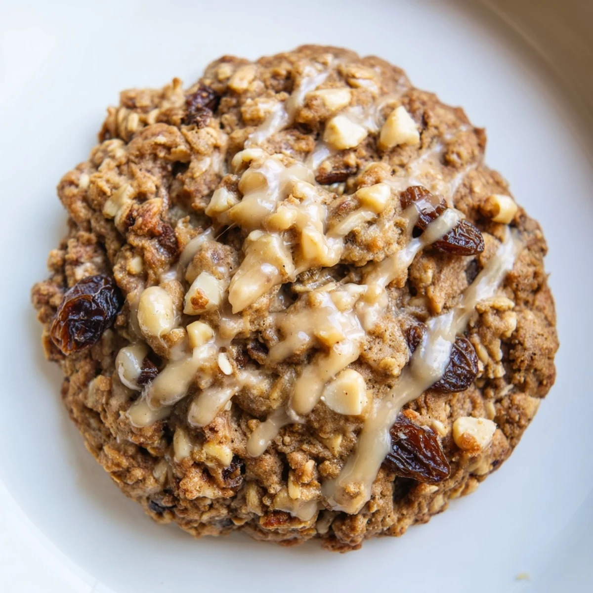 Golden-brown Winter Market Hazelnut Drizzle Oatmeal Raisin cookies with a glossy nutty drizzle on a wire rack.