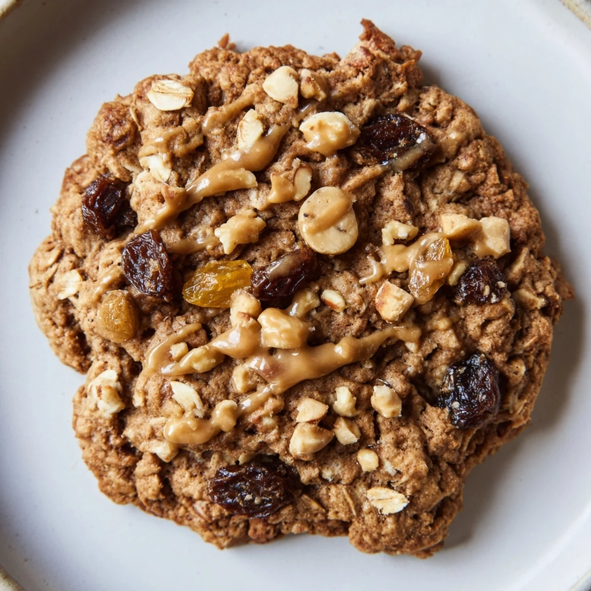 Freshly baked Winter Market Hazelnut Drizzle Oatmeal Raisin cookies topped with chopped hazelnuts on a rustic table.