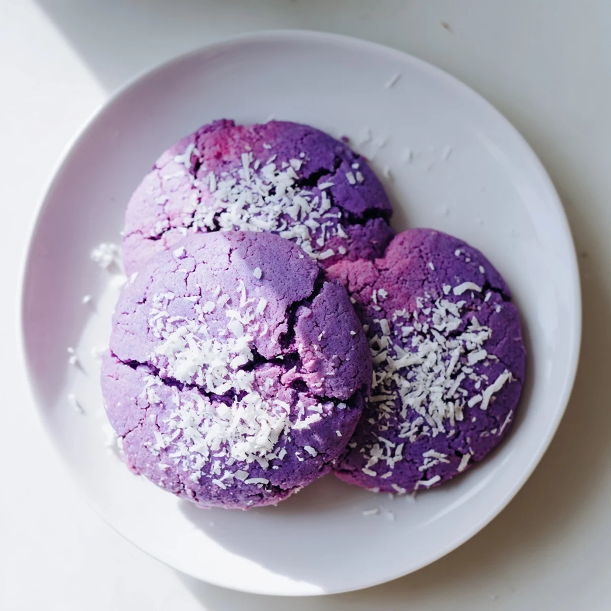 Close-up of soft Ube Coconut Vegan Sugar Cookies with their distinctive purple hue, perfect for a plant-based dessert platter.