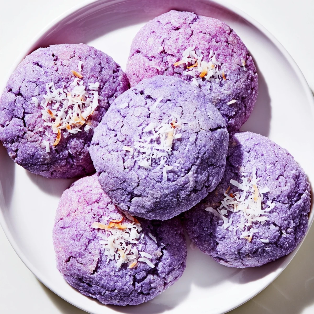 Vibrant purple Ube Coconut Vegan Sugar Cookies glistening with granulated sugar and shredded coconut on a cooling rack.