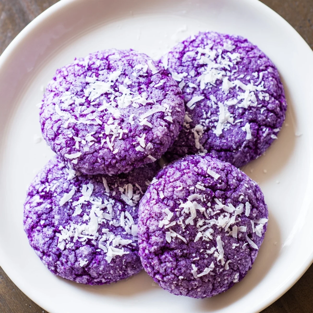 Ube Coconut Vegan Sugar Cookies resting on parchment paper, showcasing their chewy texture and nutty coconut aroma.