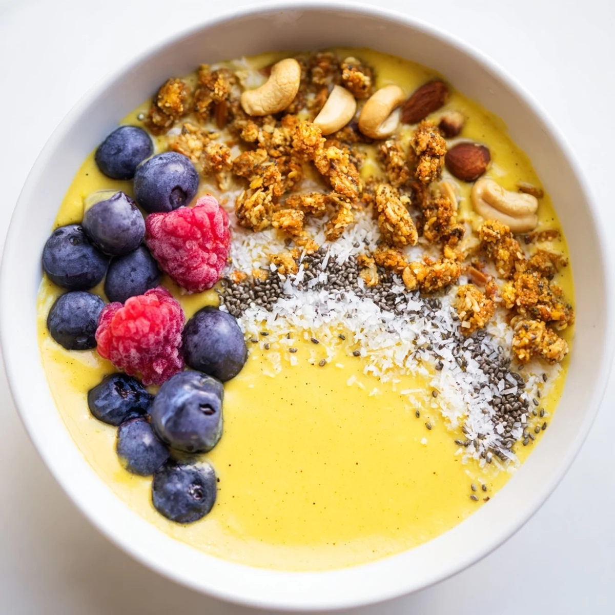 A close-up of Creamy Turmeric Cashew Breakfast Bowl topped with fresh blueberries and toasted coconut flakes.