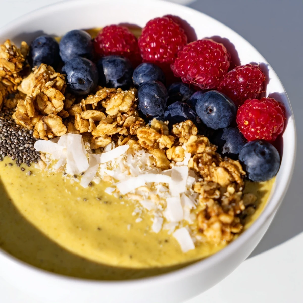Garnished with chia seeds and granola, a spoon rests beside Creamy Turmeric Cashew Breakfast Bowl.