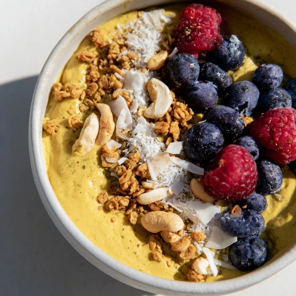 Morning light highlights the vibrant yellow hue of Creamy Turmeric Cashew Breakfast Bowl in a white ceramic bowl.