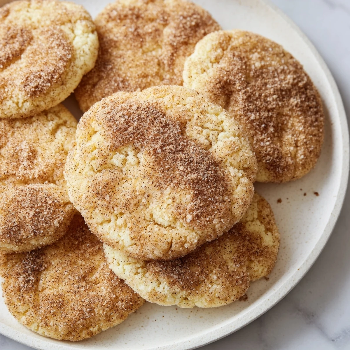 Stack of soft Churro Style Keto Sugar Cookies served on a white plate with coffee.