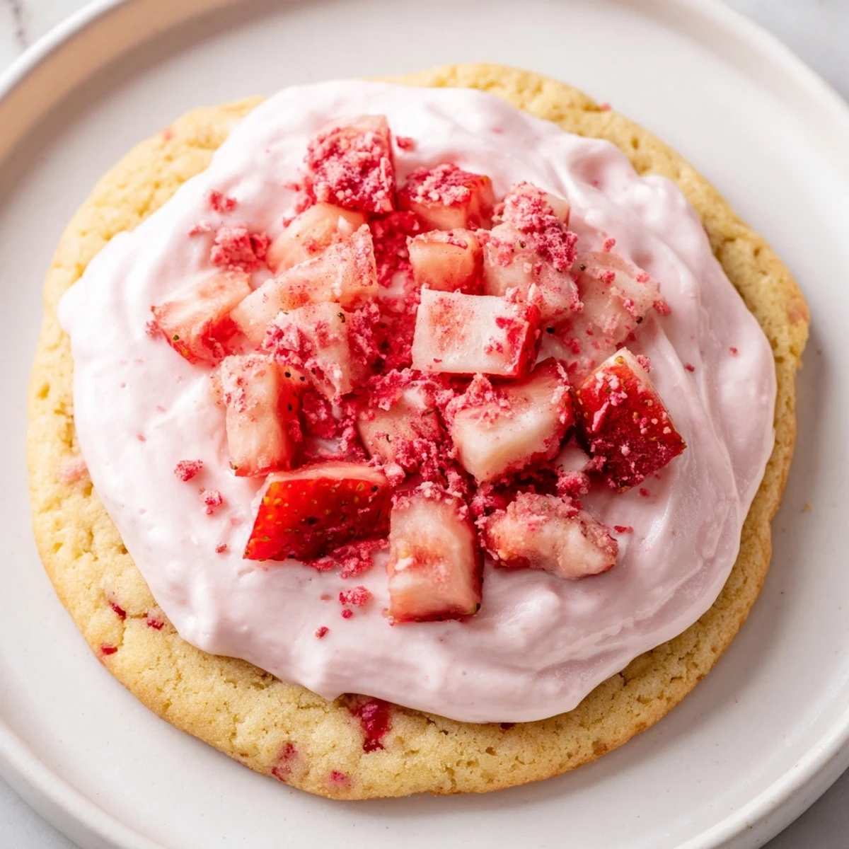 Strawberry Shortcake Sugar Cookies arranged on a white plate, showing soft texture and vibrant red strawberry pieces.