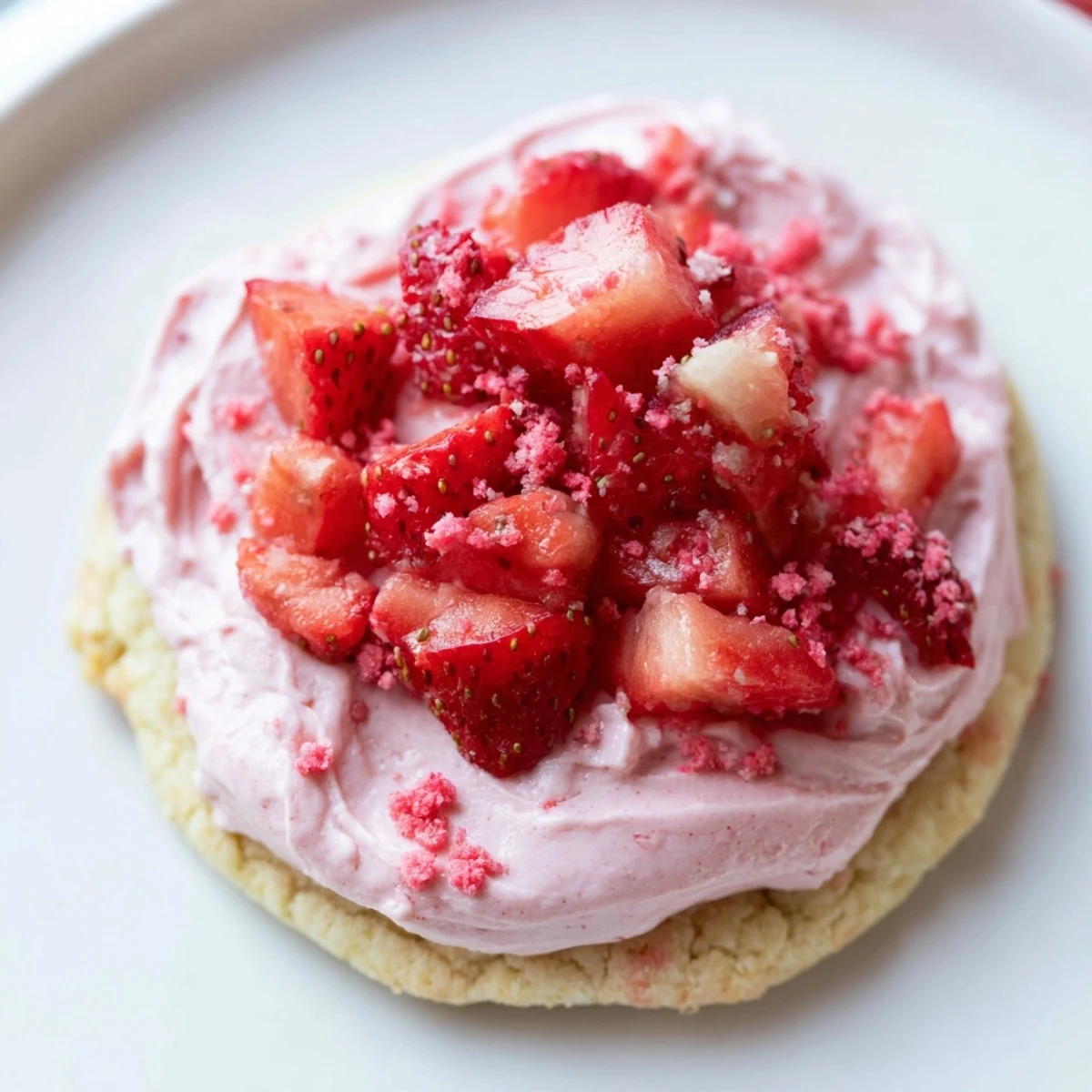 A close-up of Strawberry Shortcake Sugar Cookies with creamy strawberry topping and fresh berry garnish.