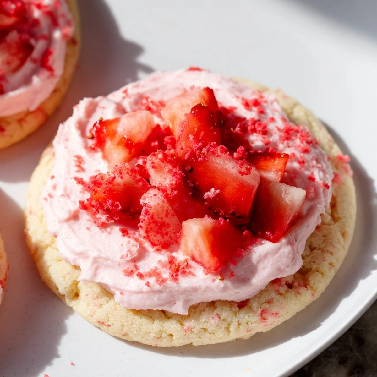 Golden Strawberry Shortcake Sugar Cookies topped with luscious strawberry cream and fresh diced strawberries for serving.