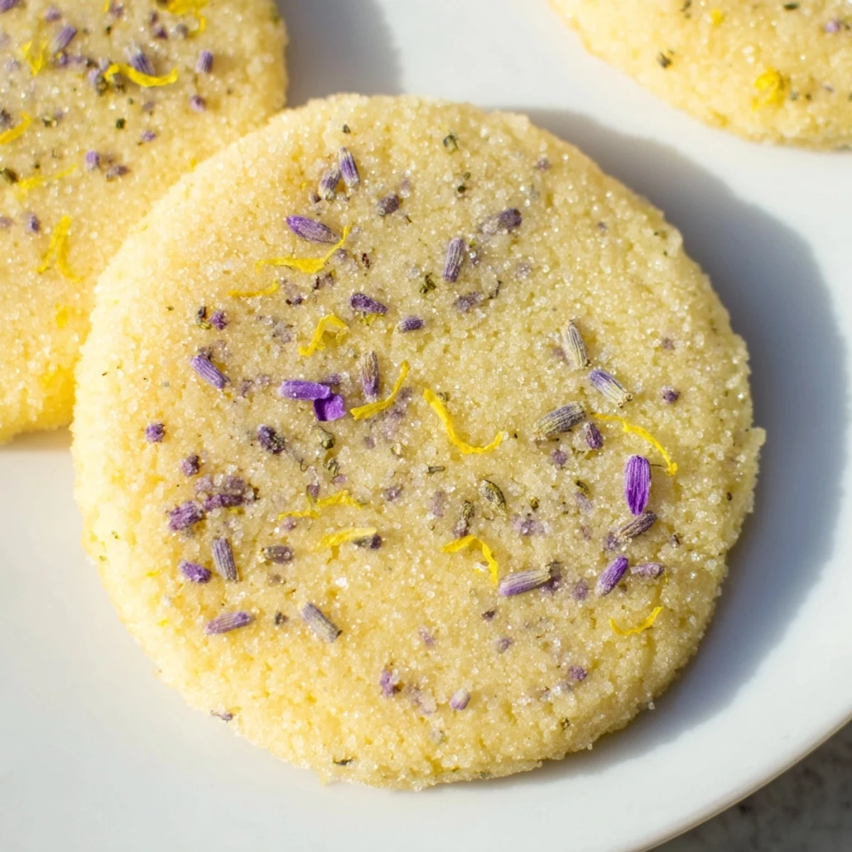Golden-brown Lavender Lemon Sugar Cookies on a wooden board with fresh lavender sprigs and lemon slices.