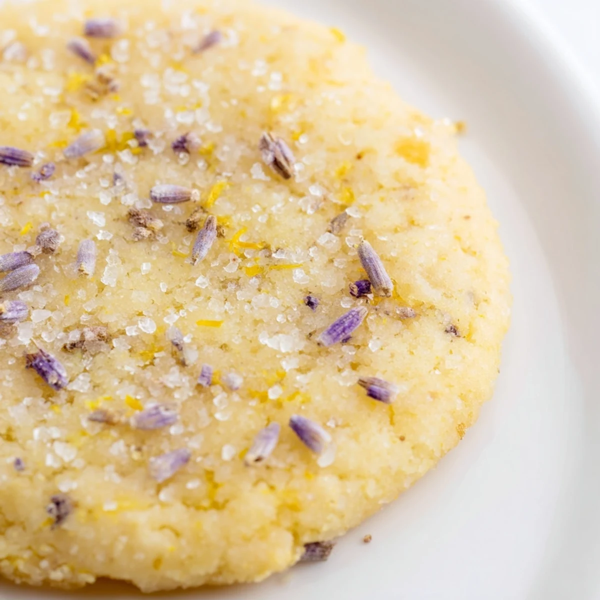 A close-up view of soft Lavender Lemon Sugar Cookies showing delicate crumb texture and sugar coating.