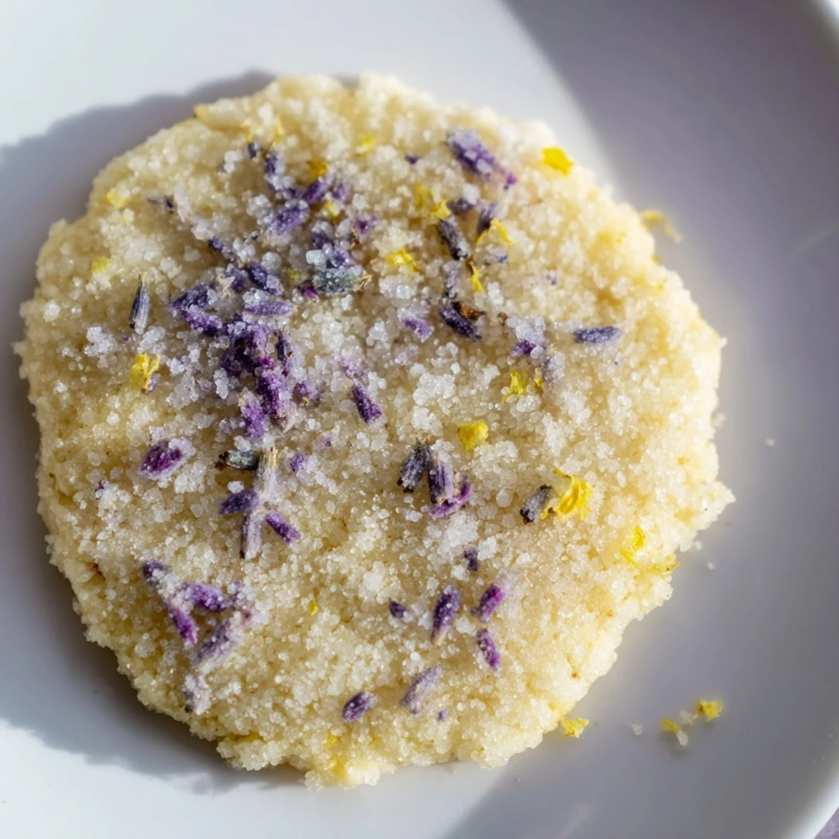 Stack of warm Lavender Lemon Sugar Cookies served on a white plate with lemonade in the background.