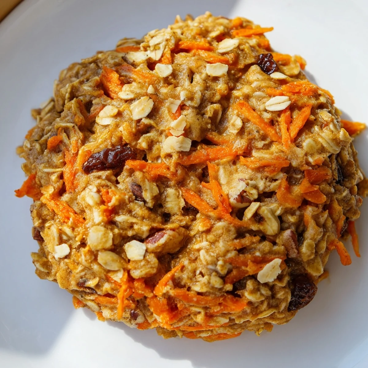 A close-up of Carrot Cake Oatmeal Raisin Cookies on a wire rack, highlighting their golden edges and warm spices.