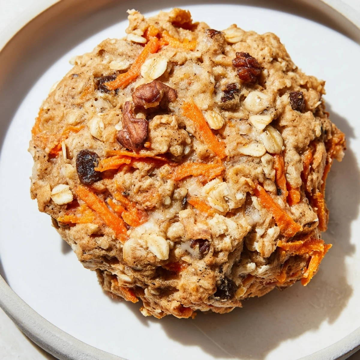 Soft and chewy Carrot Cake Oatmeal Raisin Cookies stacked high, revealing a tender crumb and plump raisins inside.