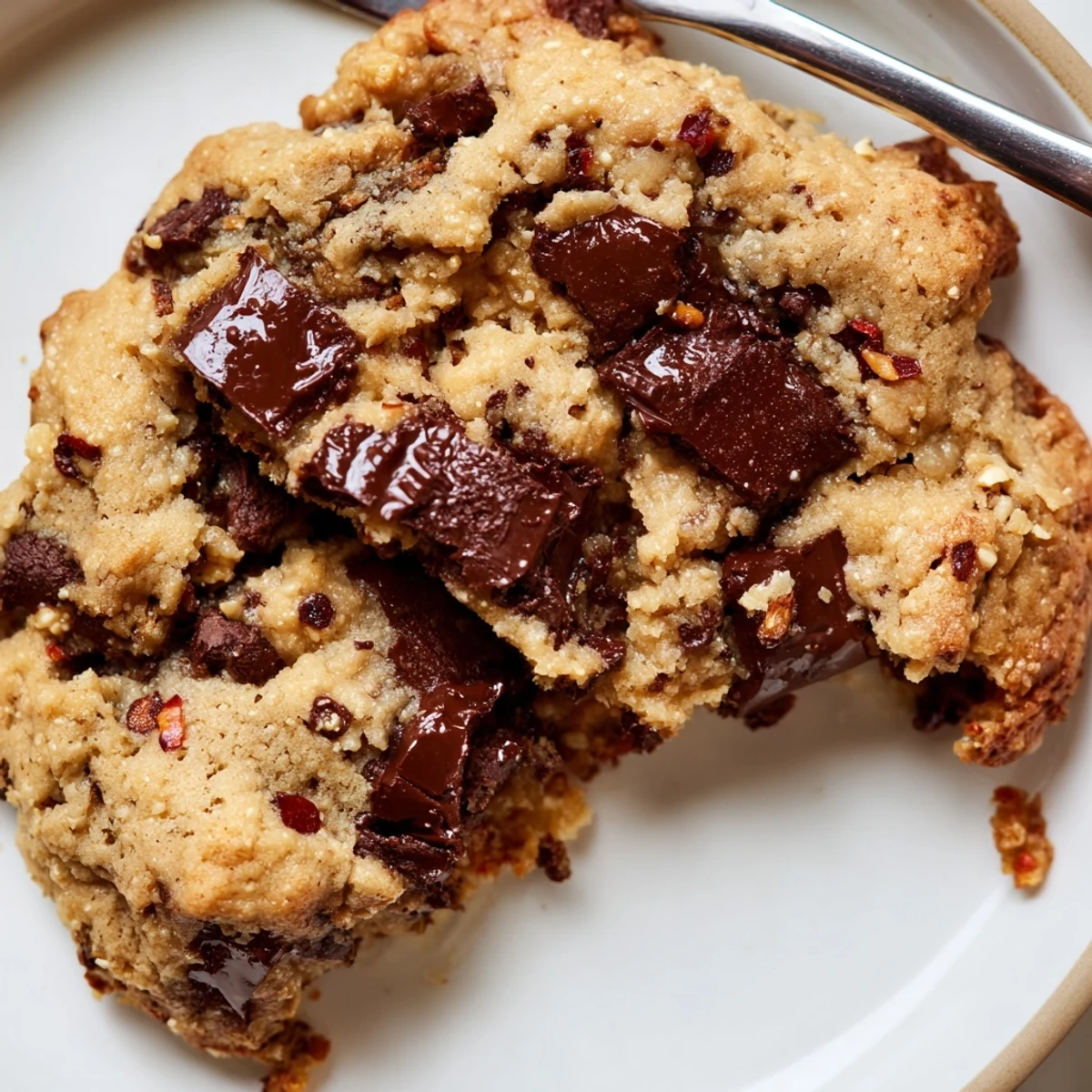 Freshly baked Hot Honey Tahini Vegan Chocolate Chip Cookies on a cooling rack with melty chocolate and a glossy drizzle.