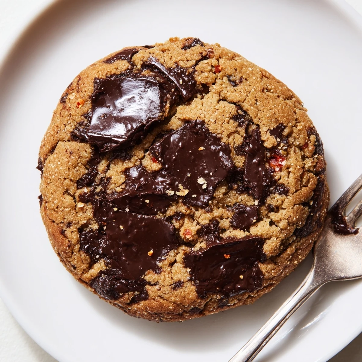 A stack of warm Hot Honey Tahini Vegan Chocolate Chip Cookies shows chewy edges and gooey centers beside a glass of oat milk.