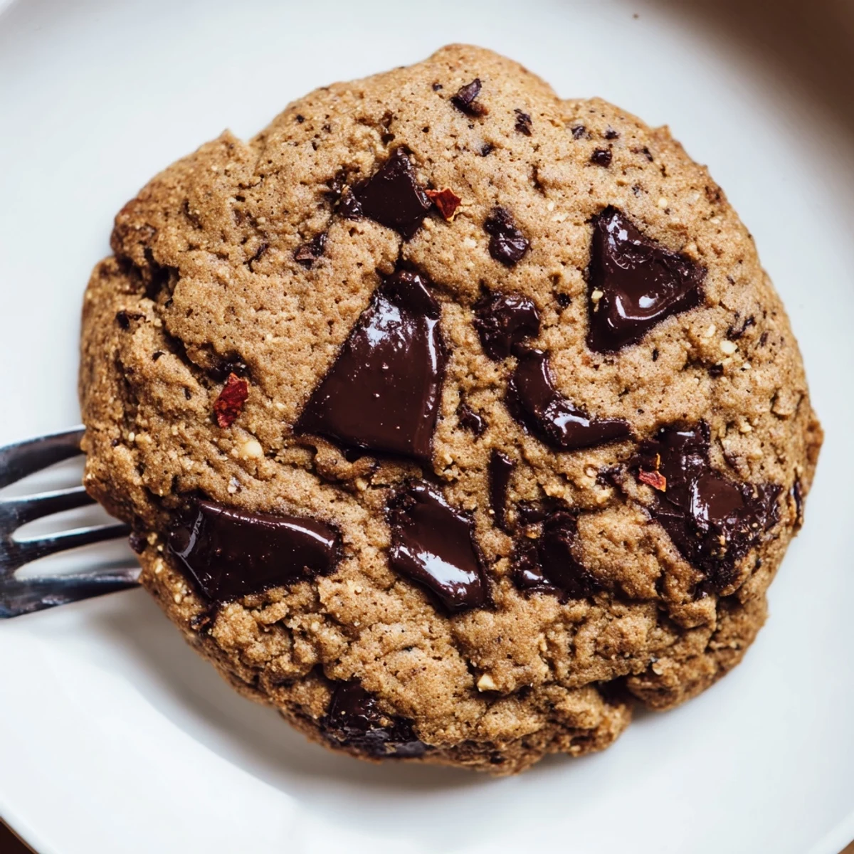 Close up of a broken Hot Honey Tahini Vegan Chocolate Chip Cookie revealing tahini swirls and vegan chocolate chips.