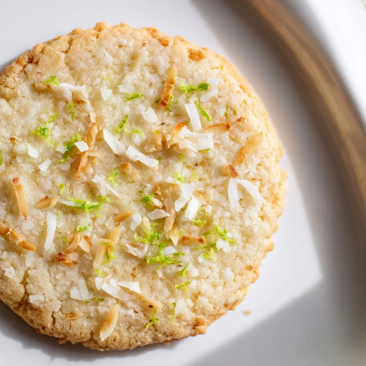 Golden-brown vegan sugar cookies topped with toasted coconut flakes and a sprinkle of lime zest on a cooling rack.