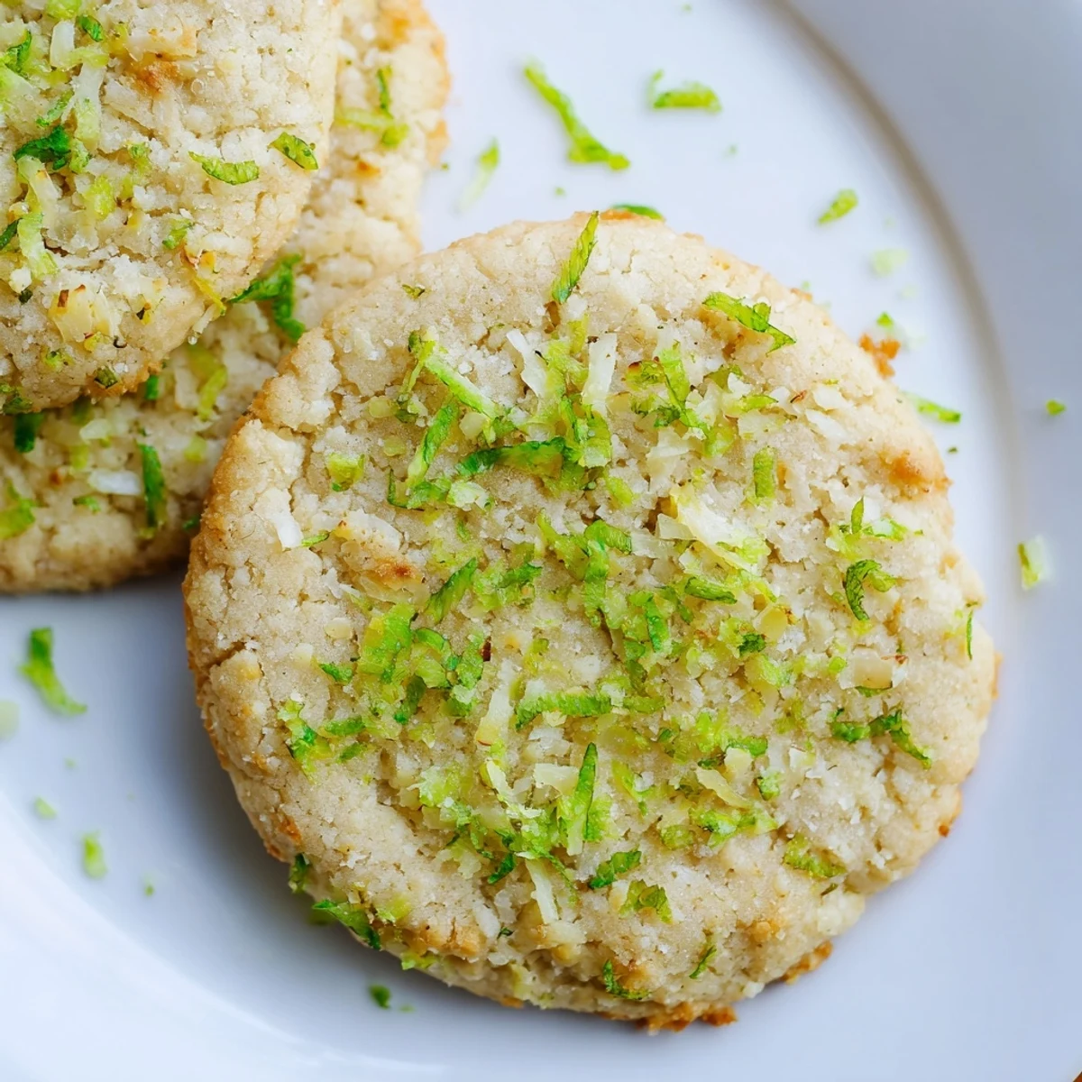 Freshly baked Toasted Coconut Lime Vegan Sugar Cookies showing a tender crumb and citrus zest garnish for a tropical treat.