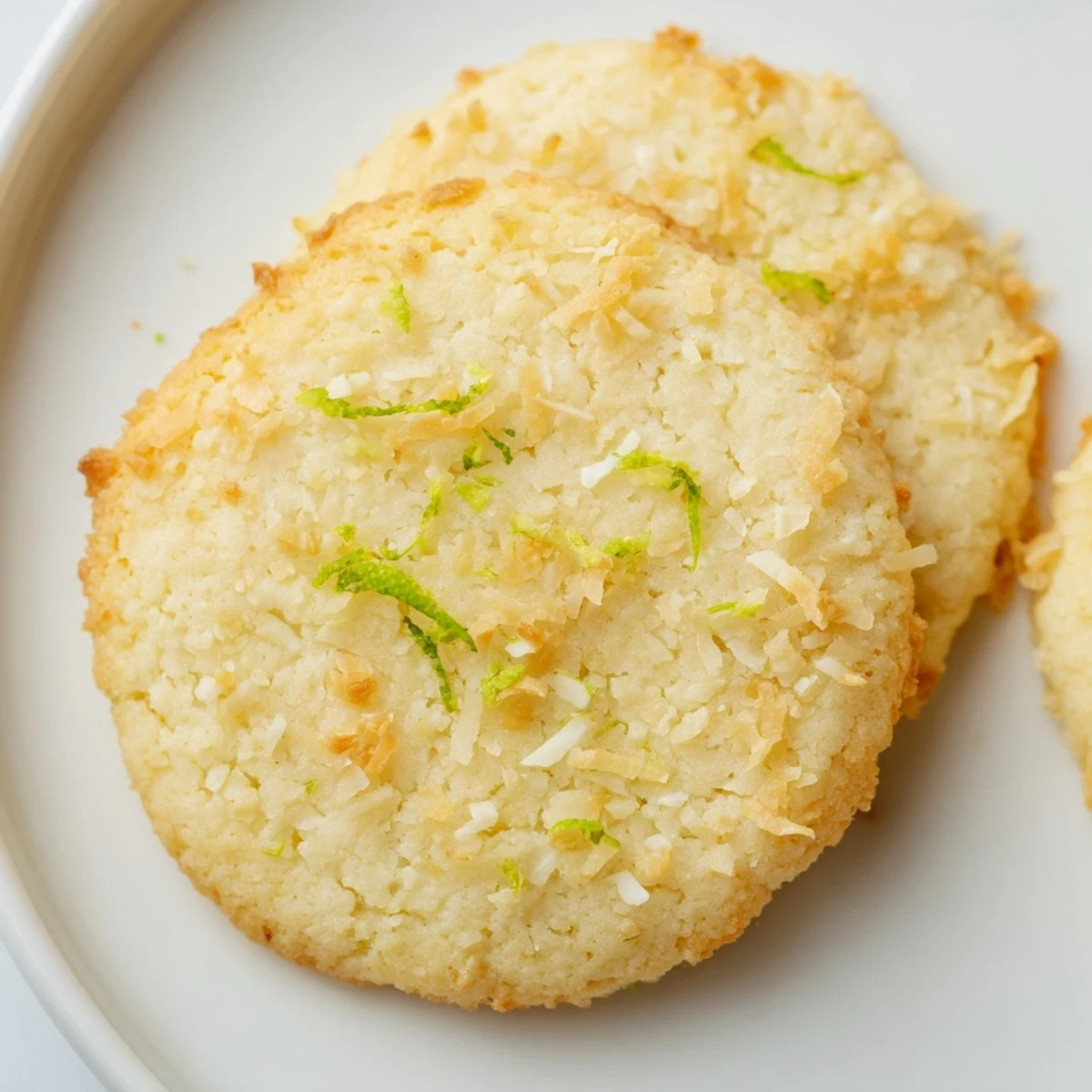 Close-up view of Vegan Sugar Cookies with shredded coconut and lime zest, ideal for dessert plating or afternoon tea.