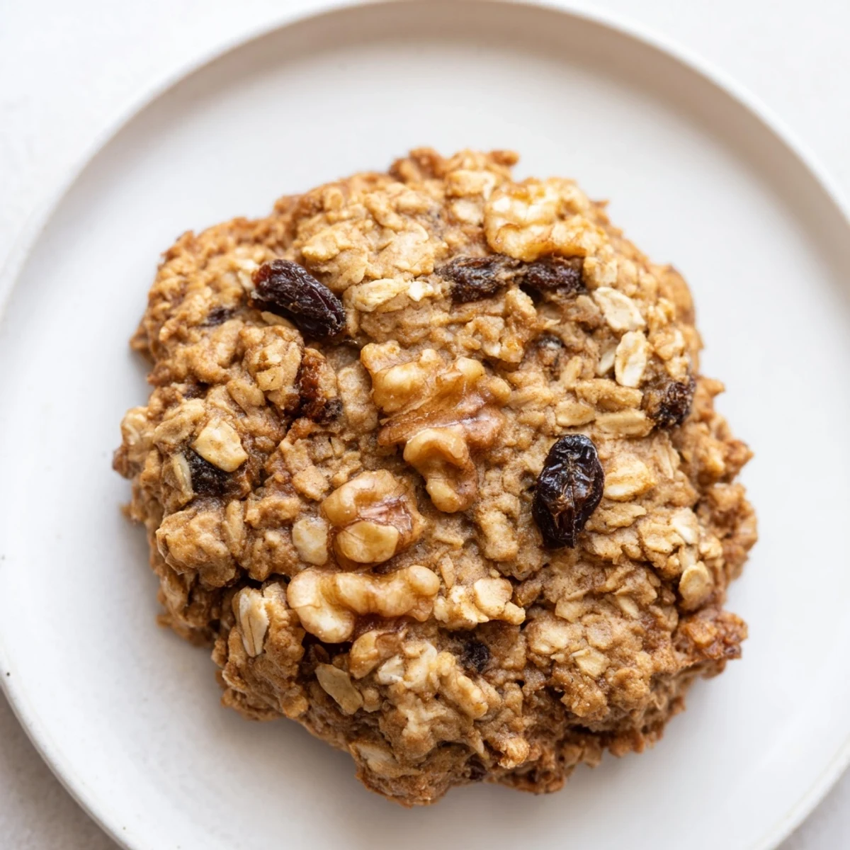 Golden-brown Banana Bread Oatmeal Raisin Cookies are stacked on a wooden board with a glass of milk.