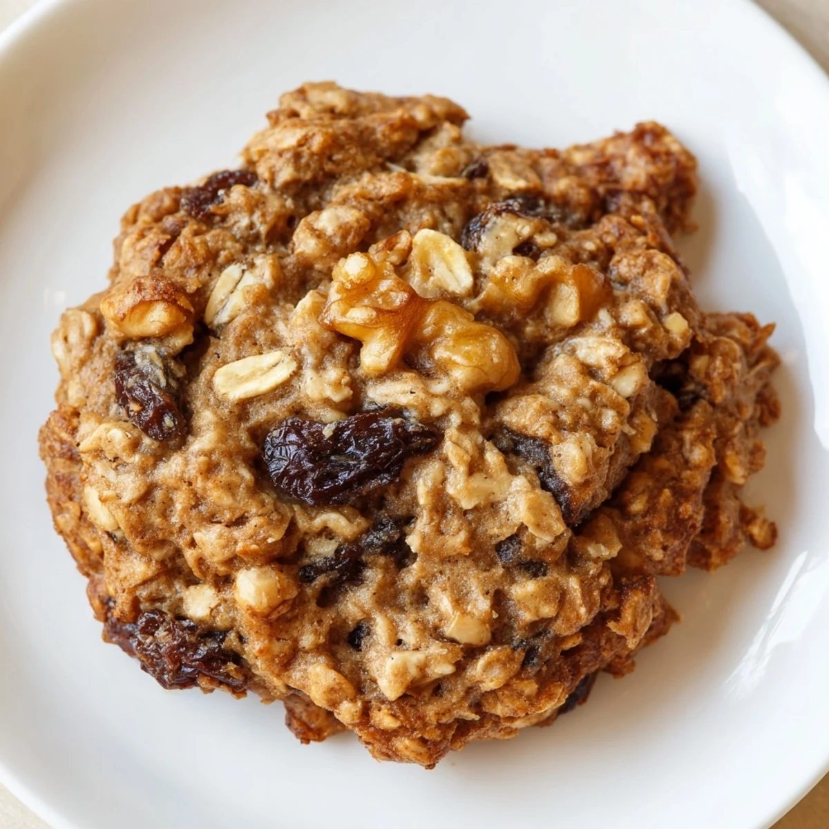 A close-up shows chewy Banana Bread Oatmeal Raisin Cookies with oats and raisins on a cooling rack.