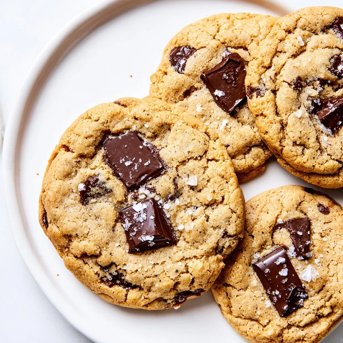A close-up of golden brown Maple Sea Salt Chocolate Chip Cookies showing flaky salt on top.