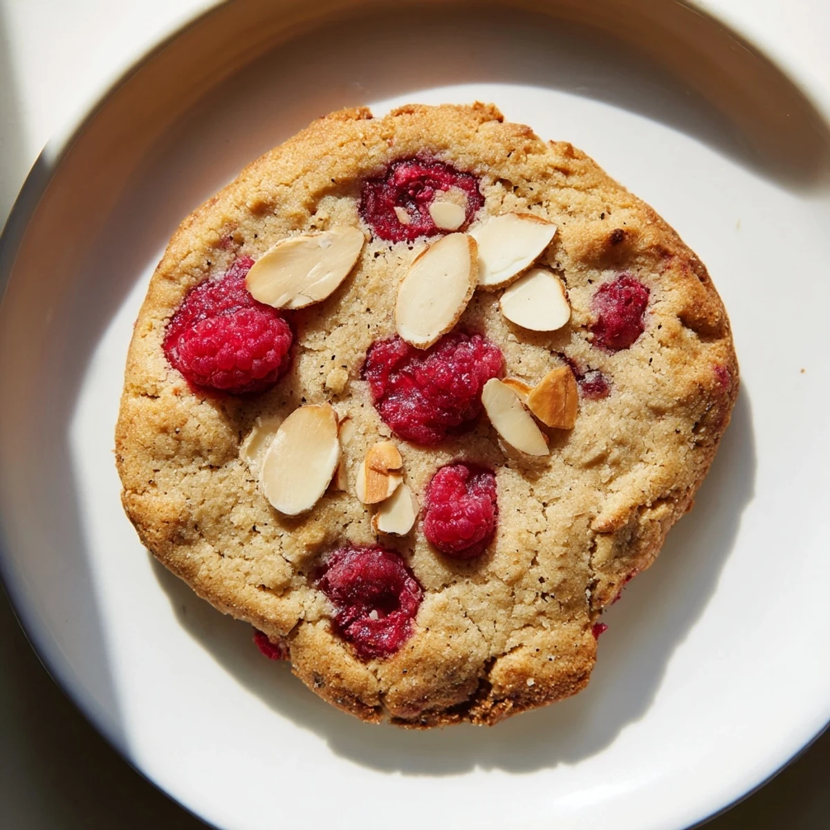 Freshly baked Raspberry Almond Gluten-Free Cookies on a cooling rack with visible raspberry pieces and sliced almonds.