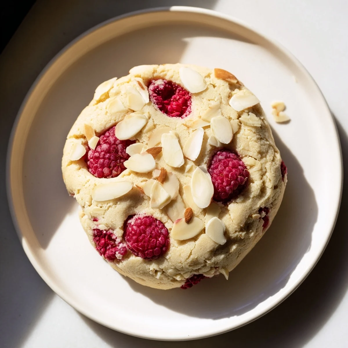 A close-up of Raspberry Almond Gluten-Free Cookies showing chewy texture and vibrant red berries on a rustic wooden board.