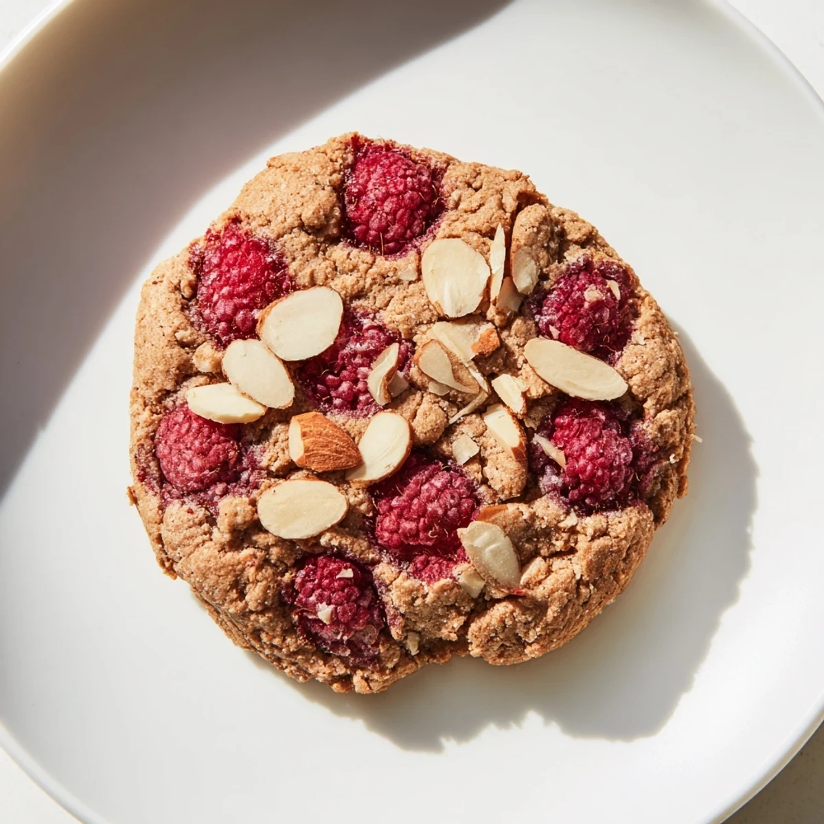 Golden Raspberry Almond Gluten-Free Cookies arranged on a white plate with tea and almond slices for a cozy snack.
