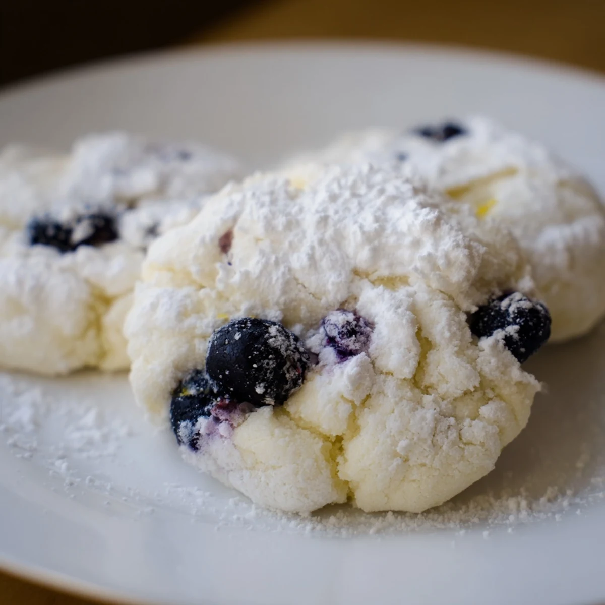 Freshly baked Blueberry Lemon Crinkle Sugar Cookies on a cooling rack, featuring powdered sugar coating and visible blueberry specks.