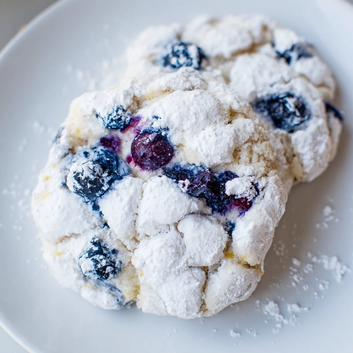 A close-up of Blueberry Lemon Crinkle Sugar Cookies with crackled tops, highlighting lemon zest flecks and juicy blueberries on a rustic board.