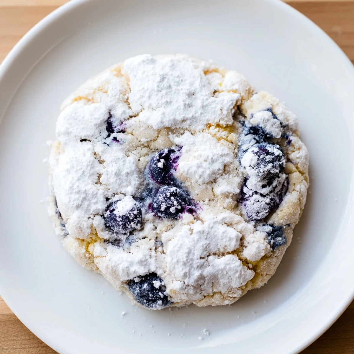 Stack of golden Blueberry Lemon Crinkle Sugar Cookies dusted with powdered sugar, ready to serve with a glass of cold milk.