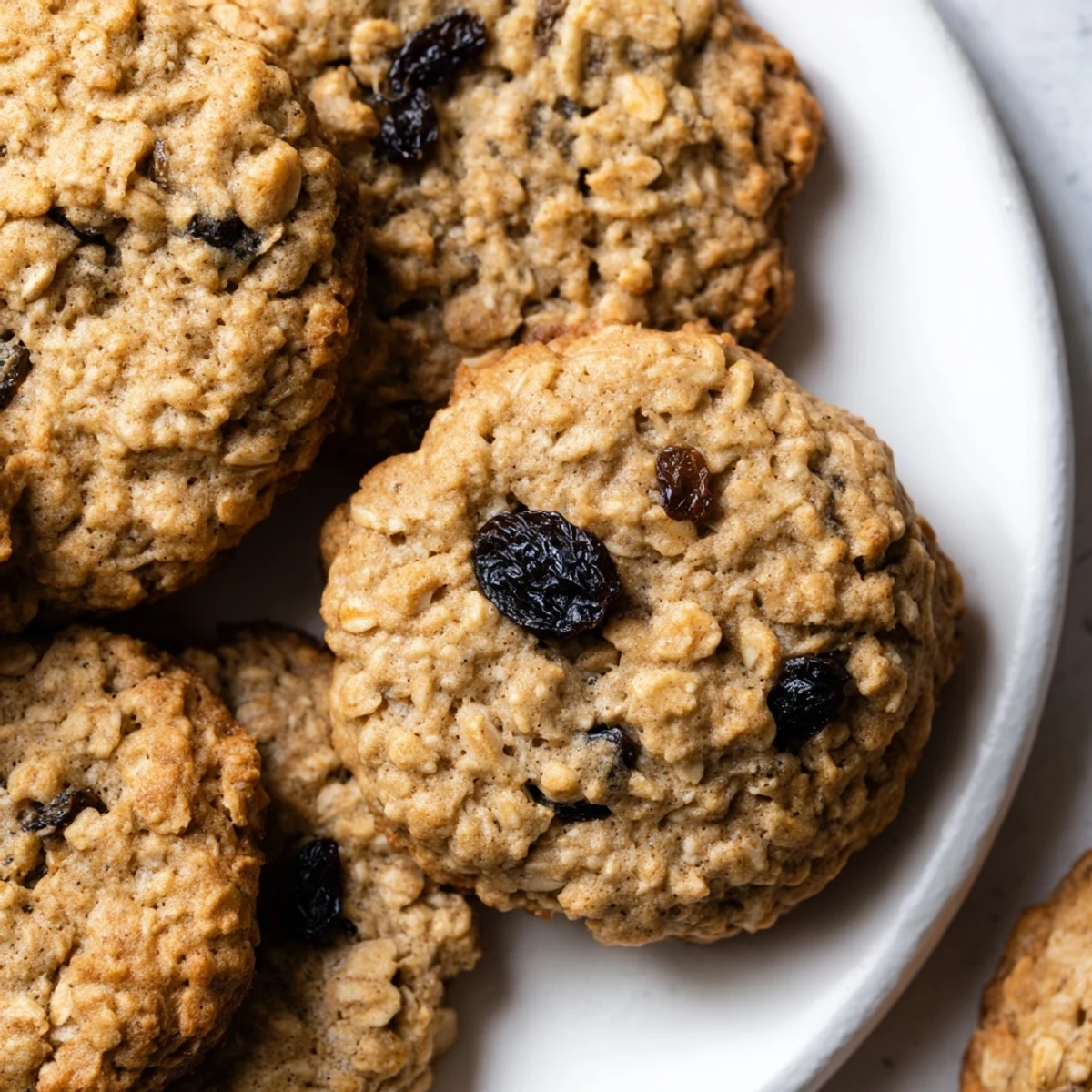 Freshly baked Vegan Chai Spiced Oatmeal Raisin Cookies stacked on a white plate with a glass of almond milk.