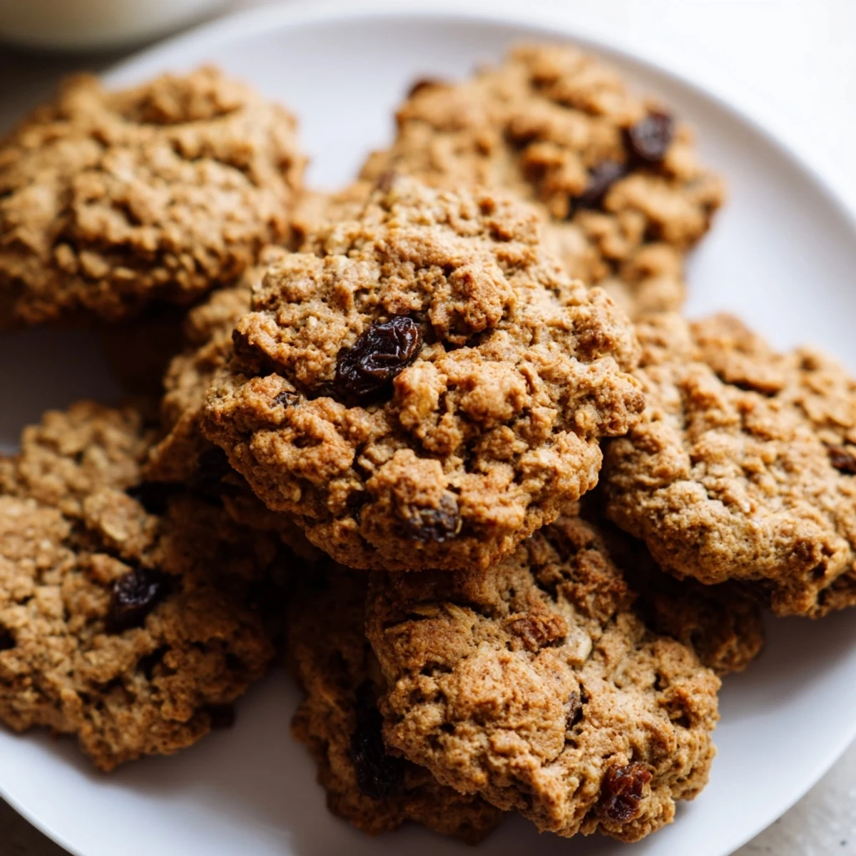 A close-up of Vegan Chai Spiced Oatmeal Raisin Cookies on a rustic wooden board, showing chewy texture.