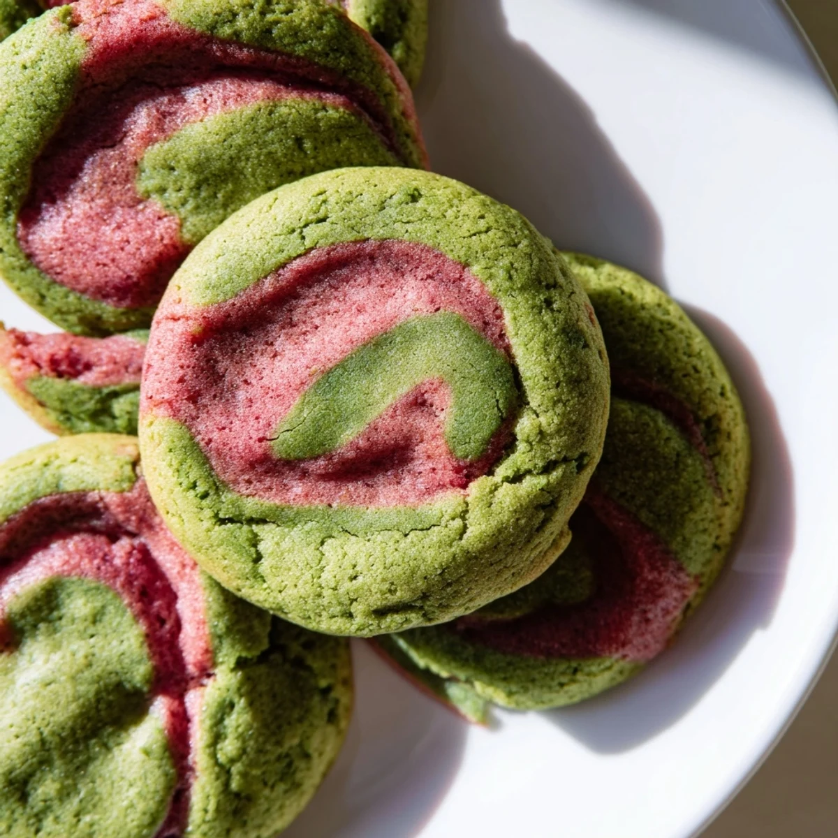 Soft, chewy Vegan Matcha Strawberry Swirl Sugar Cookies with vibrant green and pink swirls on a cooling rack.