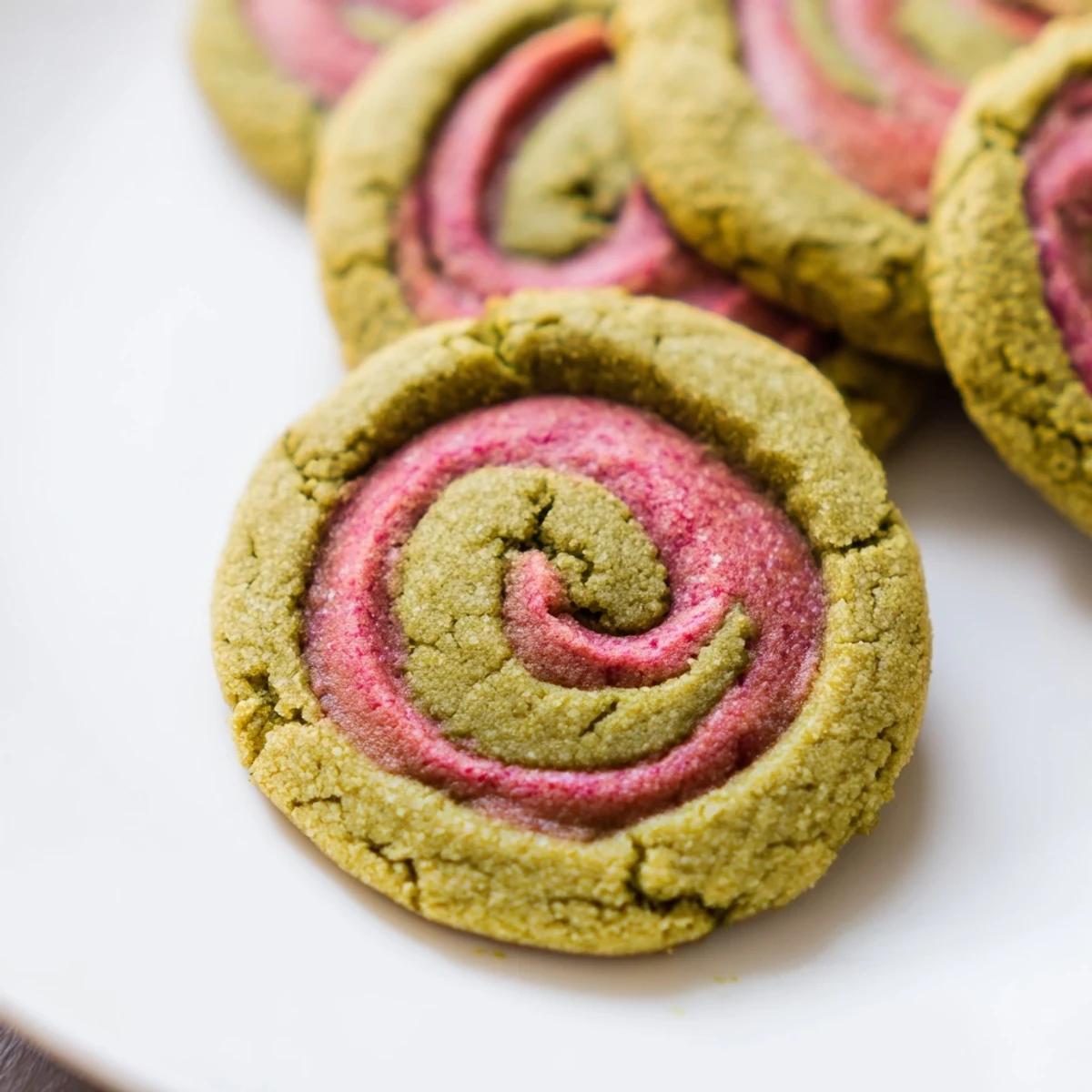 Freshly baked Vegan Matcha Strawberry Swirl Sugar Cookies served on a floral plate with a cup of matcha tea.