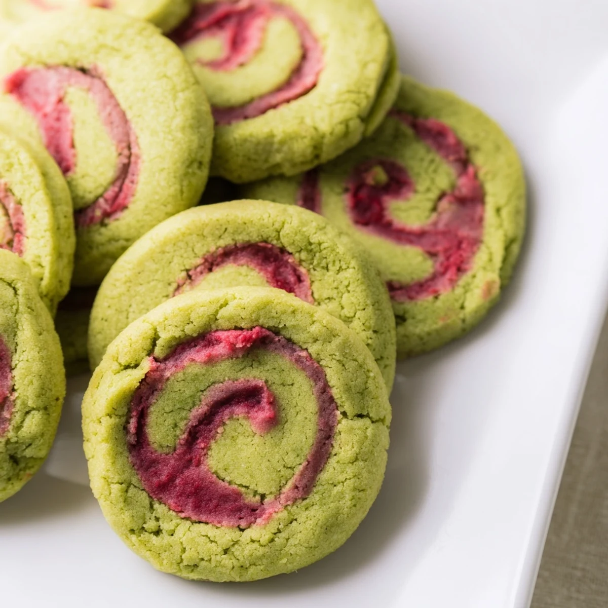 A close-up of Vegan Matcha Strawberry Swirl Sugar Cookies revealing the tender, marbled crumb and sweet strawberry jam.