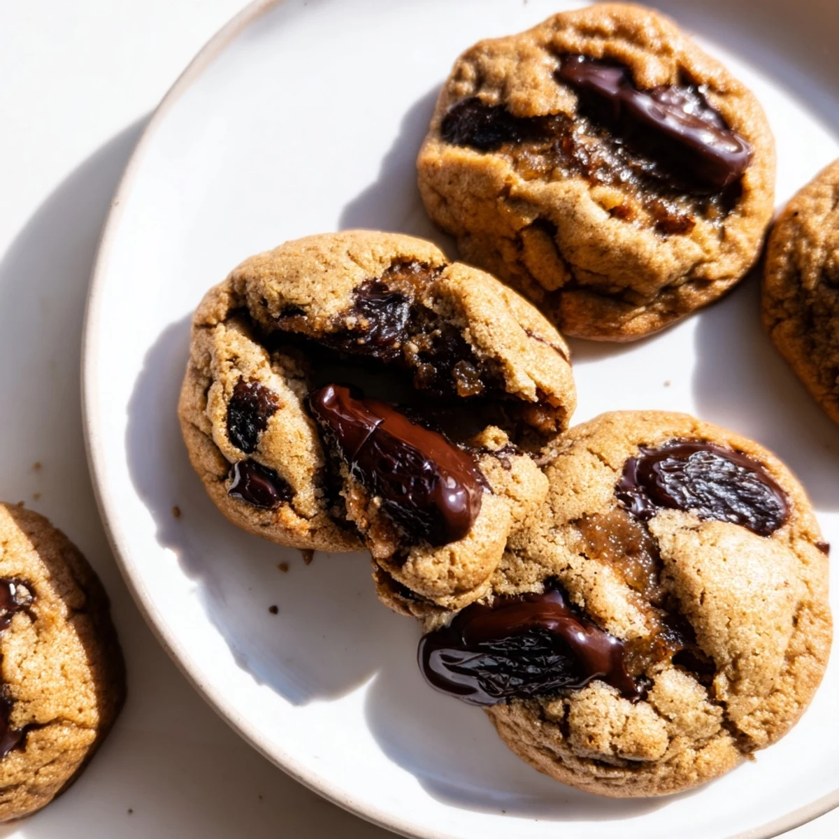 Golden Tahini Date Gluten-Free Chocolate Chip Cookies arranged on a rustic wooden board with a small bowl of tahini drizzle.