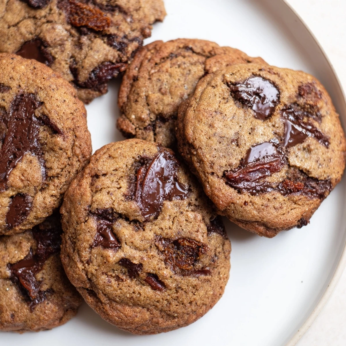 Freshly baked Tahini Date Gluten-Free Chocolate Chip Cookies on a cooling rack with melted dark chocolate and chopped dates visible.
