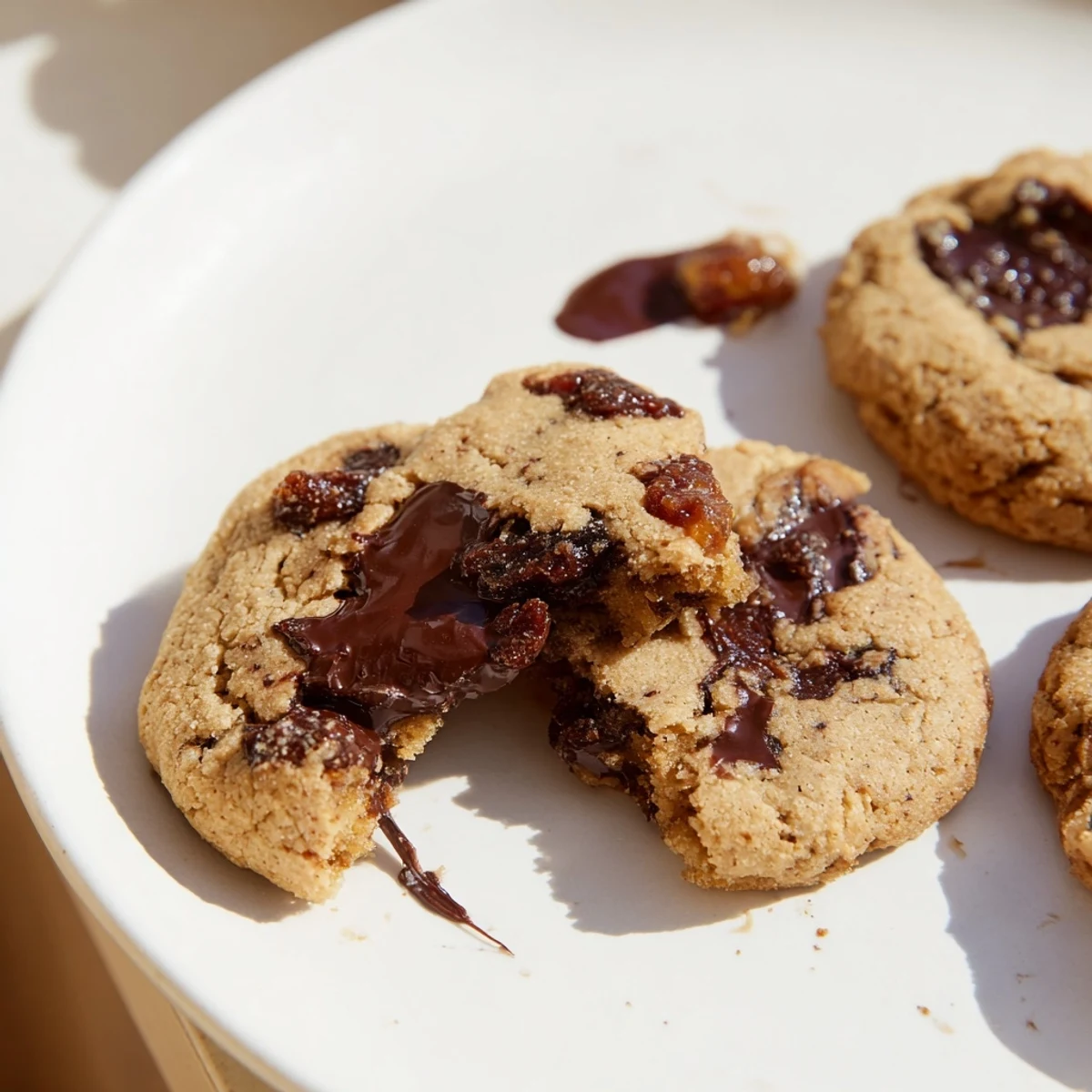 Chewy Tahini Date Gluten-Free Chocolate Chip Cookies stacked high, showcasing cracked tops and embedded medjool date pieces.